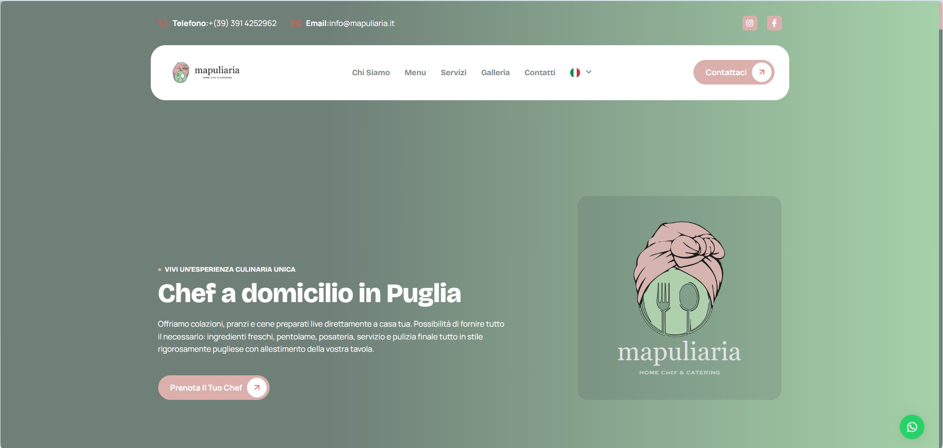 Caso Studio: Digital Branding e SEO per Mapuliaria – Chef a Domicilio in Puglia Mapuliaria è un progetto di alta gastronomia che porta l'eccellenza culinaria pugliese direttamente nelle case e nelle ville dei clienti. Per questo brand, FSWebServices ha curato la realizzazione di una piattaforma digitale bilingue (Italiano/Inglese), progettata per posizionarsi sui motori di ricerca e convertire utenti internazionali in prenotazioni esclusive. L’obiettivo era creare uno dei migliori esempi di sito web per chef a domicilio, capace di trasmettere l'esclusività del servizio attraverso un design minimale e performance tecniche impeccabili.